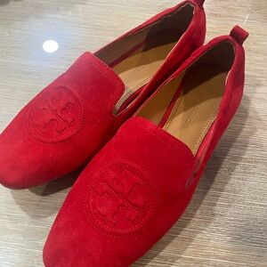 Tory Burch Vibrant Red Suede Slip-Ons
